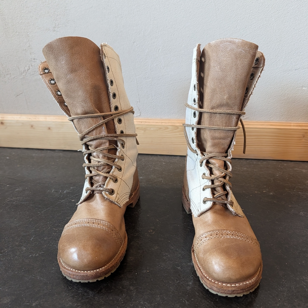 Two-Tone Tan and Cream Lace-Up Canvas And Leather Tall Boots By Vintage USA